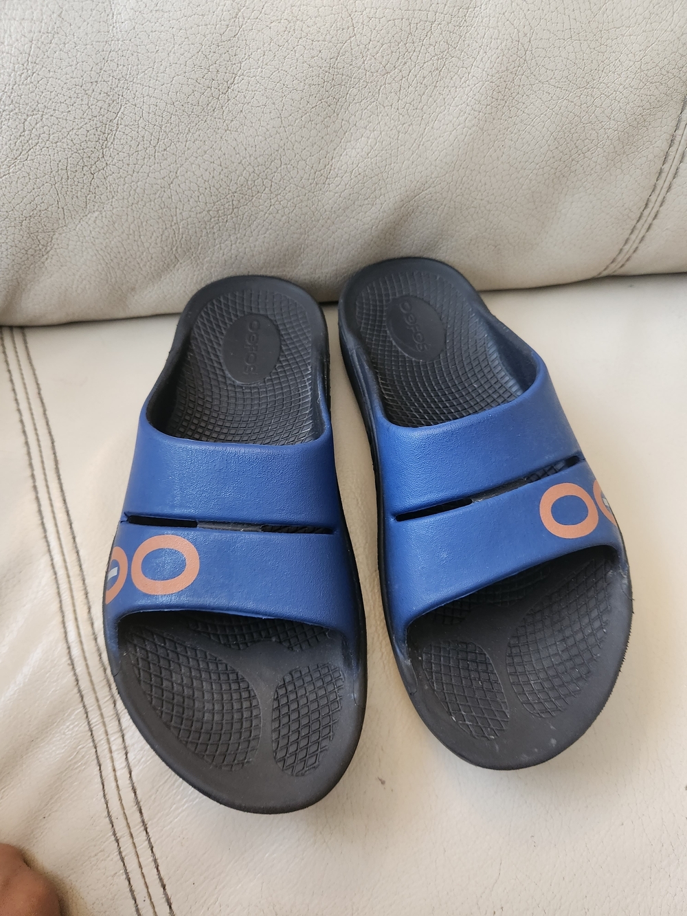OOFOS Blue and Black Slide Sandals with Orange Logo
